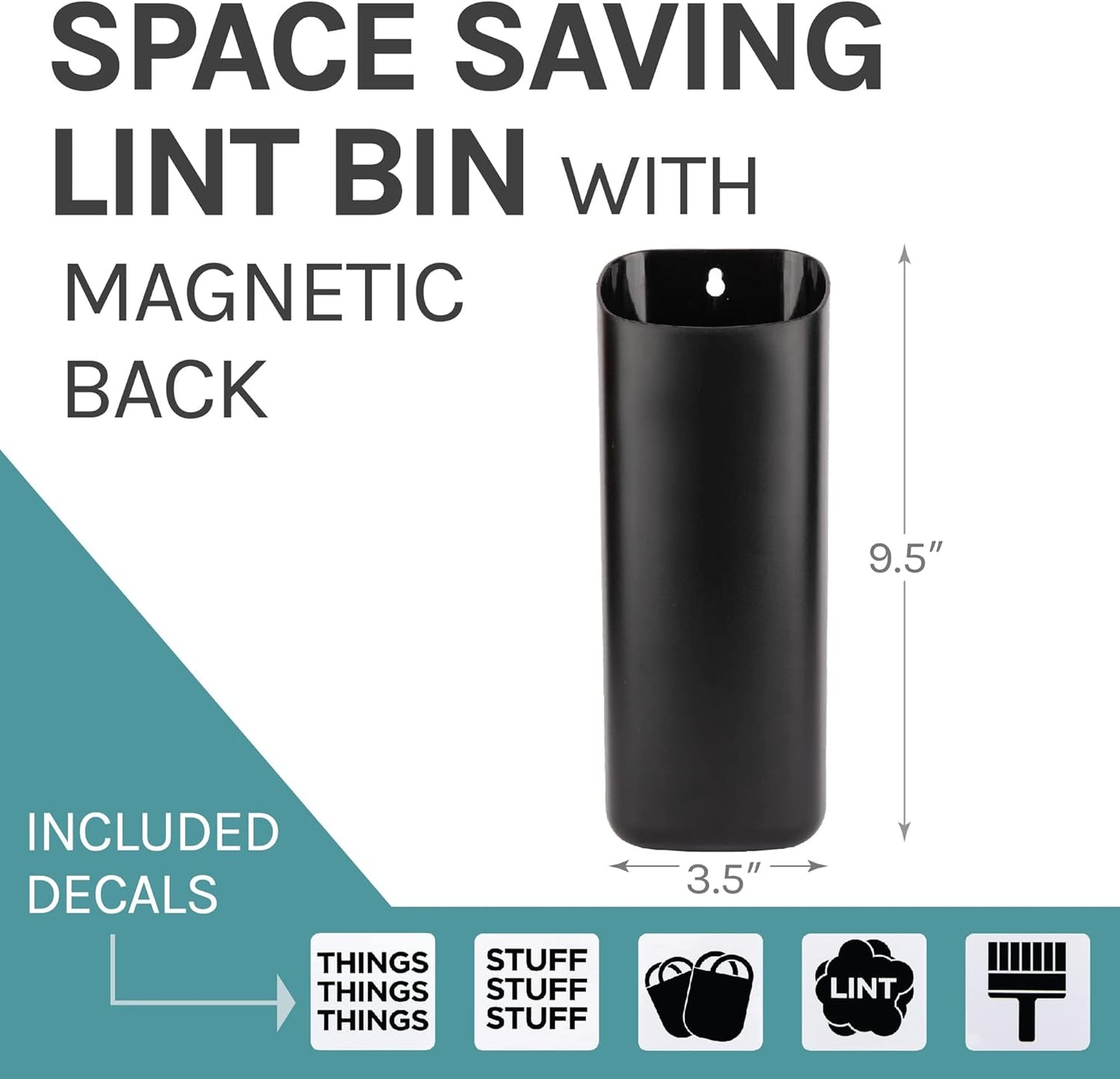 JS Jackson Supplies Small Black Lint Bin with Magnetic Back, Slim Profile Space Saving Trash Bin and Organizer for Laundry, Wall Mountable