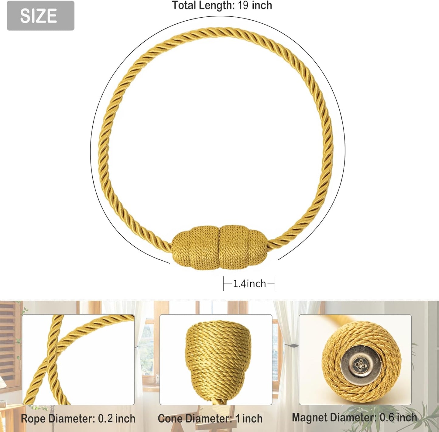 Magnetic Curtain Tiebacks Rope Curtain Tie Backs for Curtains 6 Pack Curtain Holders for Drapes Decorative Window Curtain Holdbacks, Gold
