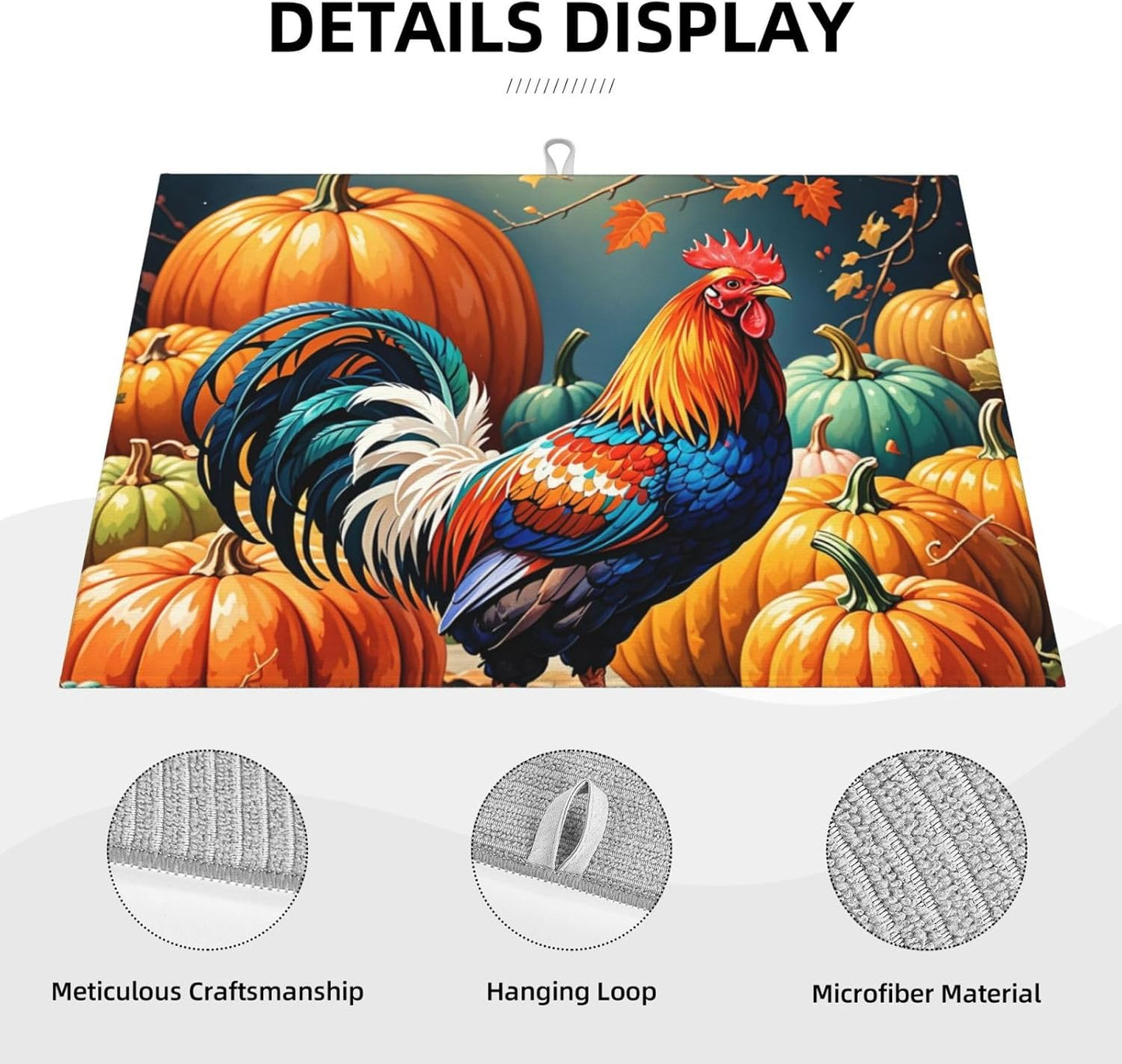Rooster Pumpkin Dish Drying Mat Highly Absorbent Double-Sided Microfiber with Hanging Loop Reversible Drain Dish Rack Mat Drain Mat Suitable for Kitchen Countertop Coffee Bar 18 x 24 Inch