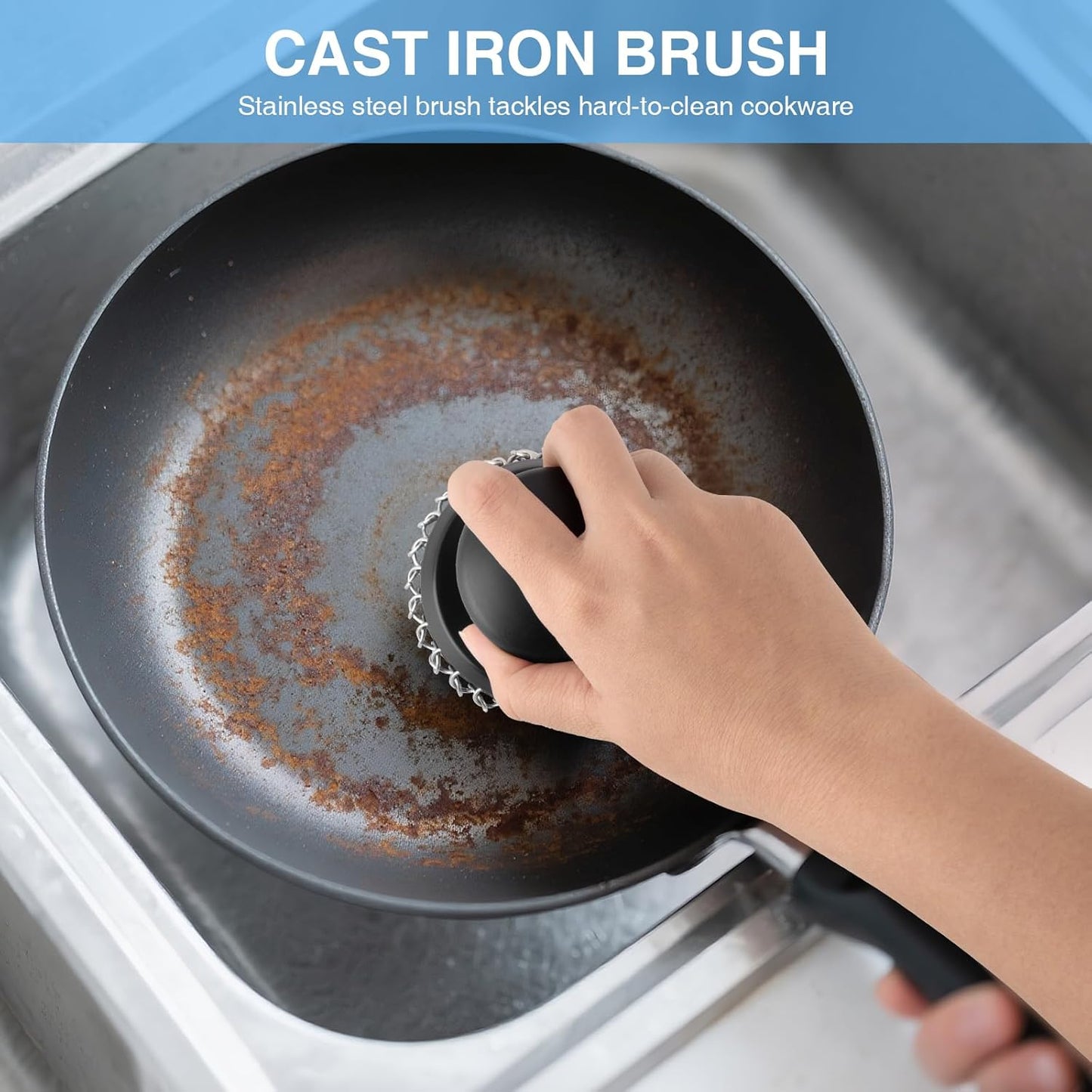 Cast Iron Scrubber Cleaner, Chainmail Scrubber for Cast Iron Pan Skillet, Dish Scouring Pad, Stainless Steel Brush/Scraper for Metal Skillet Scrubbing, Wok, Dutch Oven Cleaning Kit - Thick Mesh