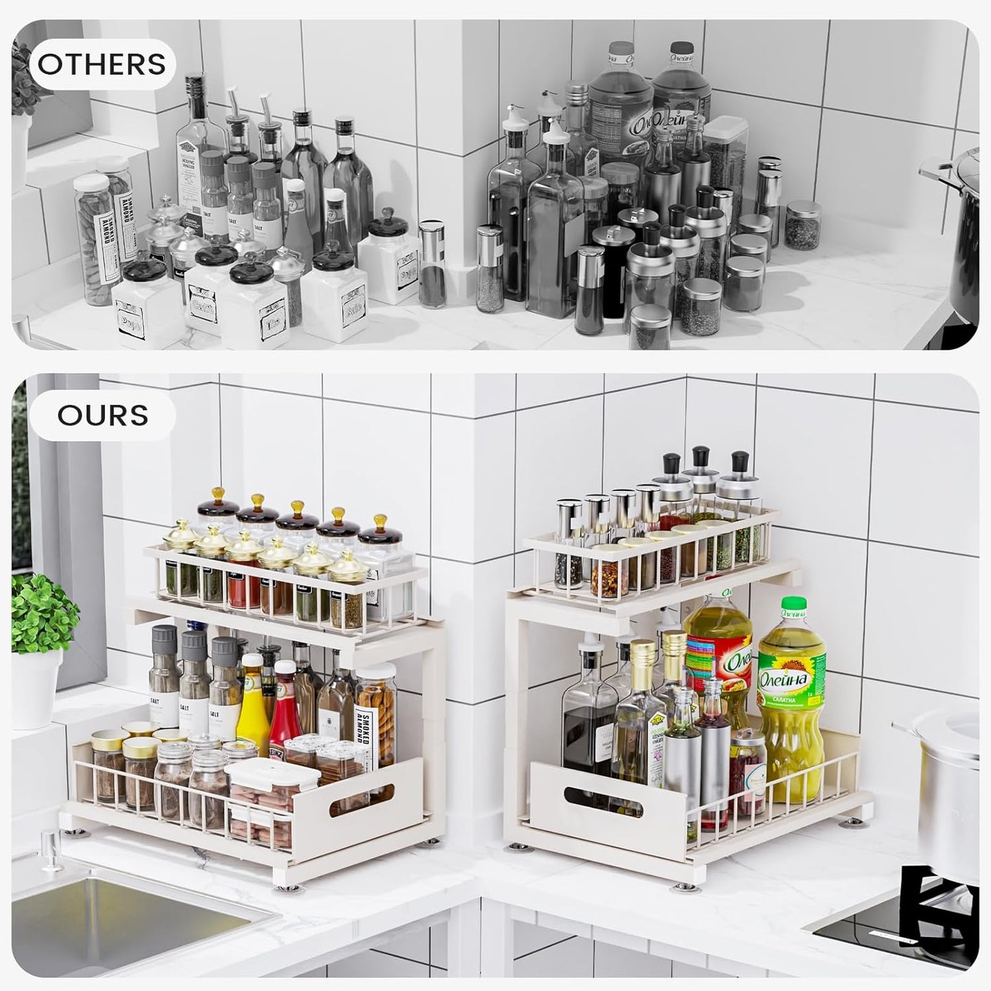 2 Pack Under Sink Organizer, 2-Tier Heavy Duty Metal Pull Out Cabinet Organizer Slide Out Sink Shelf Organizer Height Adjustable, Multi-Purpose Storage Shelf for Kitchen Bathroom (Sand, 2 Pack)