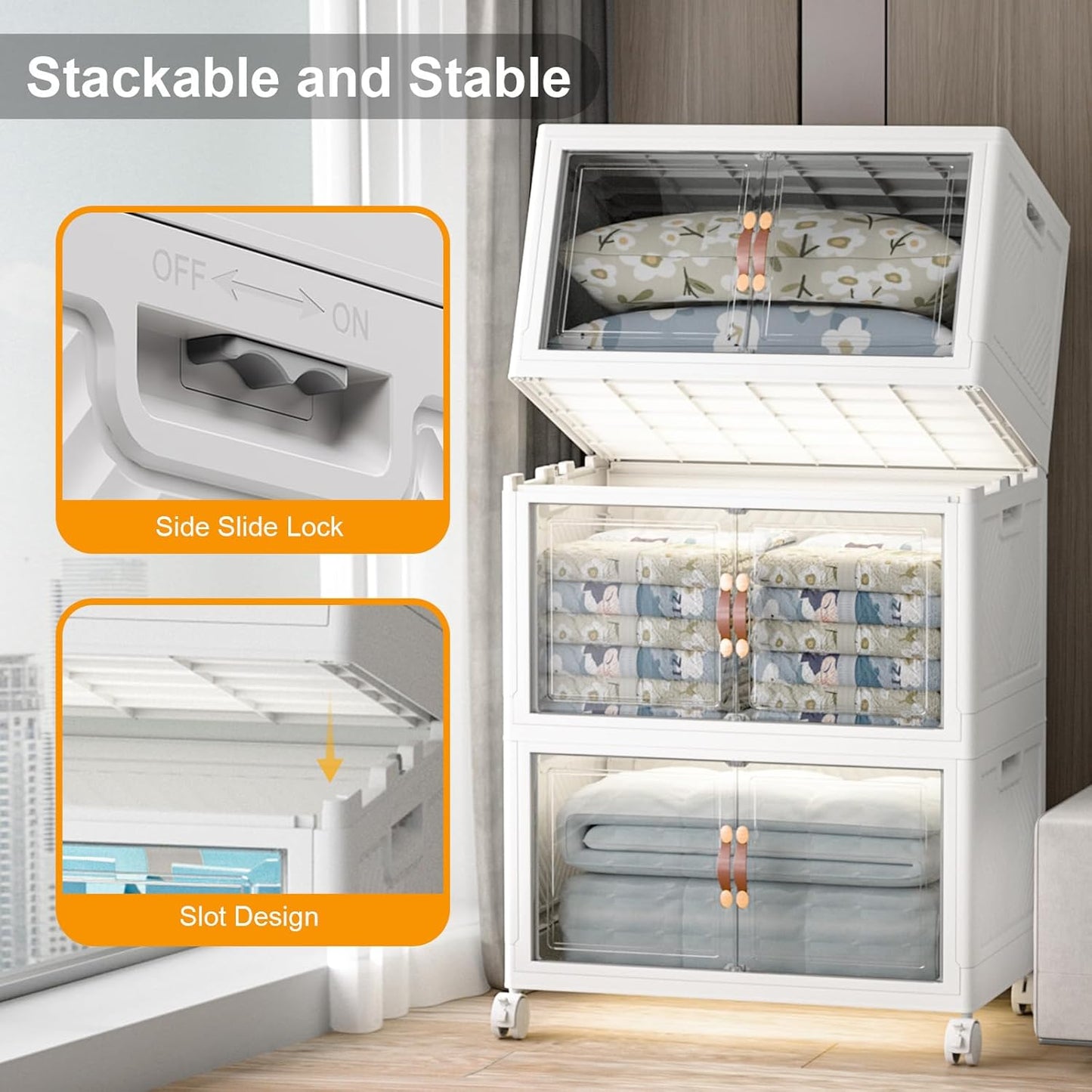 Extra Large Stackable Storage Bins with Lids & Wheels & Door, 480QT-160QT/40GAL*3Pack Foldable Collapsible Closet Organizers, Plastic containers drawers for bedroom Dorm