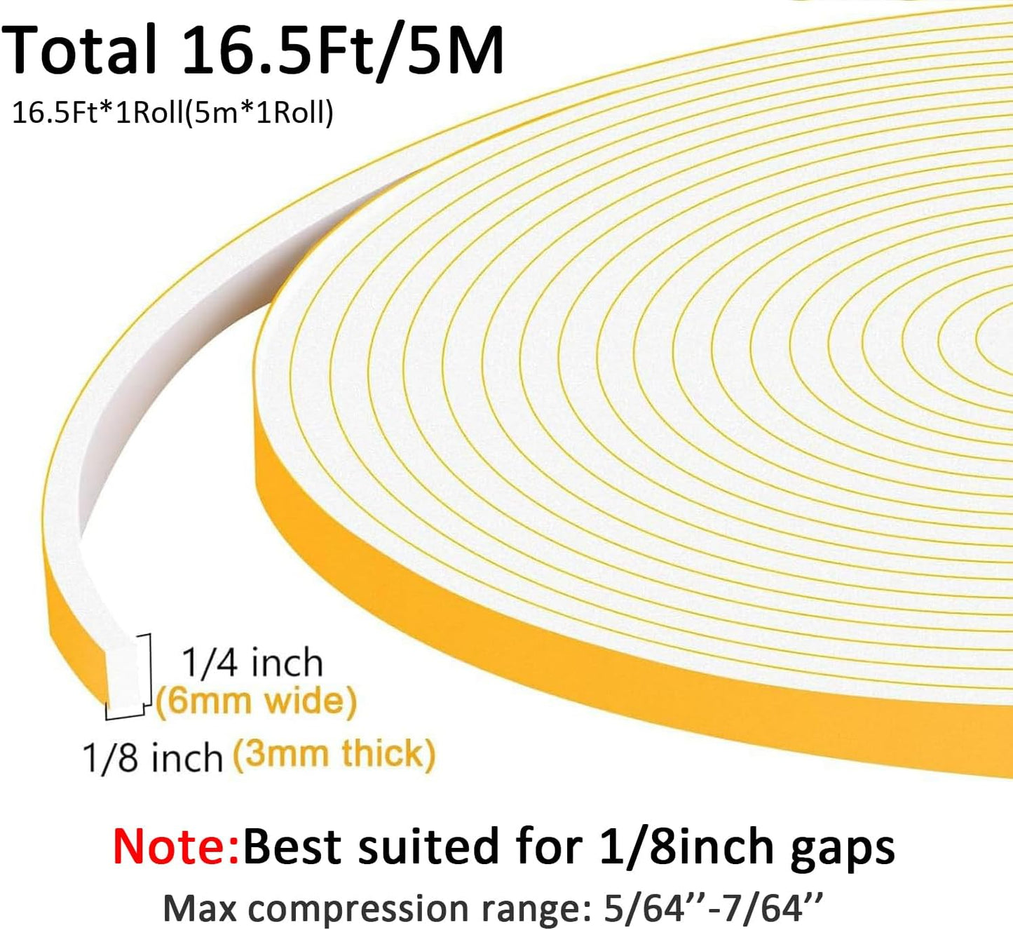 Weather Stripping Door Seal 1/4 inch Wide x 1/8 inch Thick Foam Insulation Door Seal Strip for Door Frame,Lightproof, Total 16.5Feet (16.5Ft x 1 Roll)