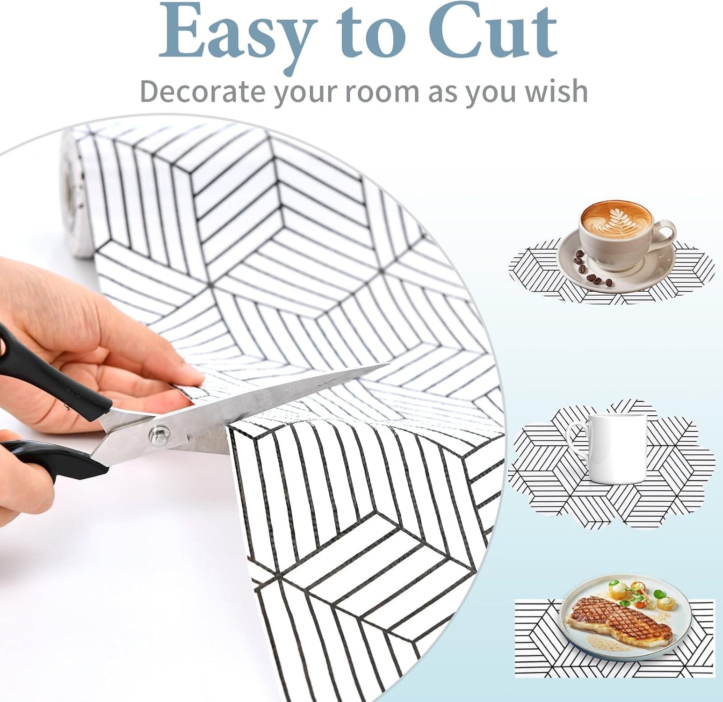 Shelf Liners for Kitchen Cabinets Non Adhesive Shelf Liner Paper Non-Slip Thickened Drawer Liner Easy to Clean for Tool Box Refrigerator with Knife and Tape Measure, Black Geometric, 17.3 x 236.2 in