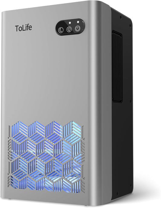 ToLife Dehumidifier for Home, 1000 sq.ft Dehumidifiers for Basement Bedroom Bathroom with 95 OZ Water Tank, Auto Shut Off 7 Colors LED Light, Silver