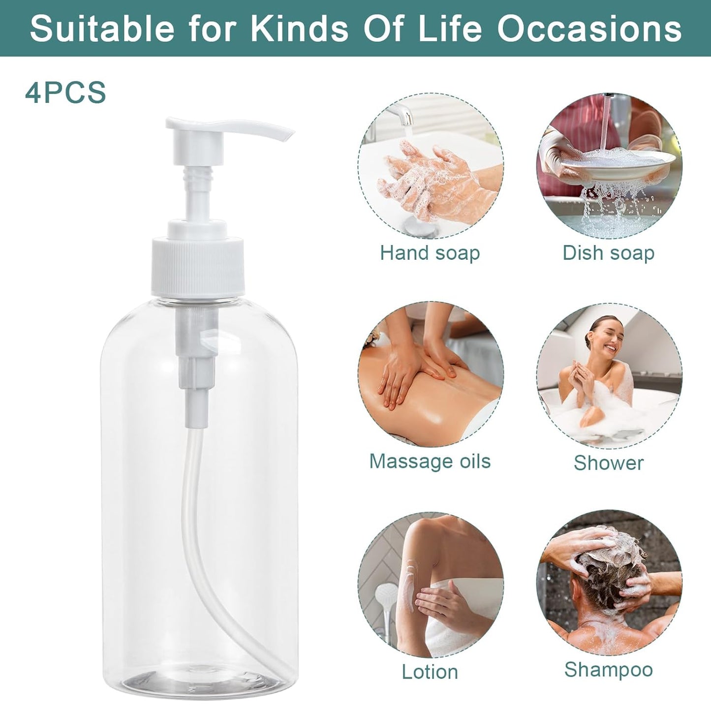 Yebeauty Soap Dispenser, 4 Pack 13.5oz/400ml Empty Refillable Pump Bottle Modern Liquid Plastic Shampoo and Conditioner Bottles Large Body Wash Dispenser for Shower, Clear