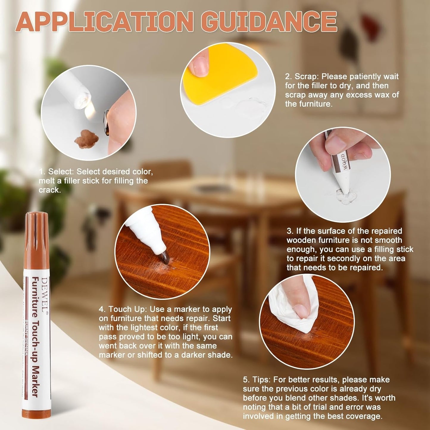 DEWEL Wood Furniture Markers & Filler Sticks Repair Kit, New Improved 18 Colors Touch Up Markers and Wax Sticks - Cover Damaged Wooden Surface and Floor, for Pet Scratches, Stains, Cracks and Dents