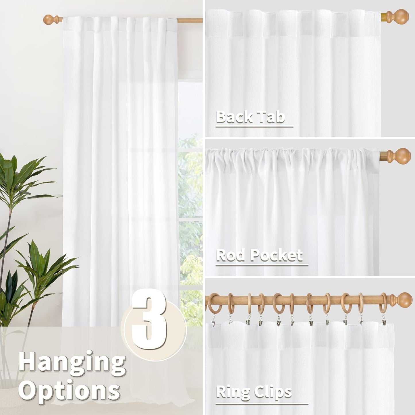 YoungsTex 84 Inch Length White Linen Curtains for Living Room, Semi Sheer Drapes with Rod Pocket Back Tab Light Filtering Window Treatments for Dining Bedroom, 52 X 84 Inch, 2 Panels