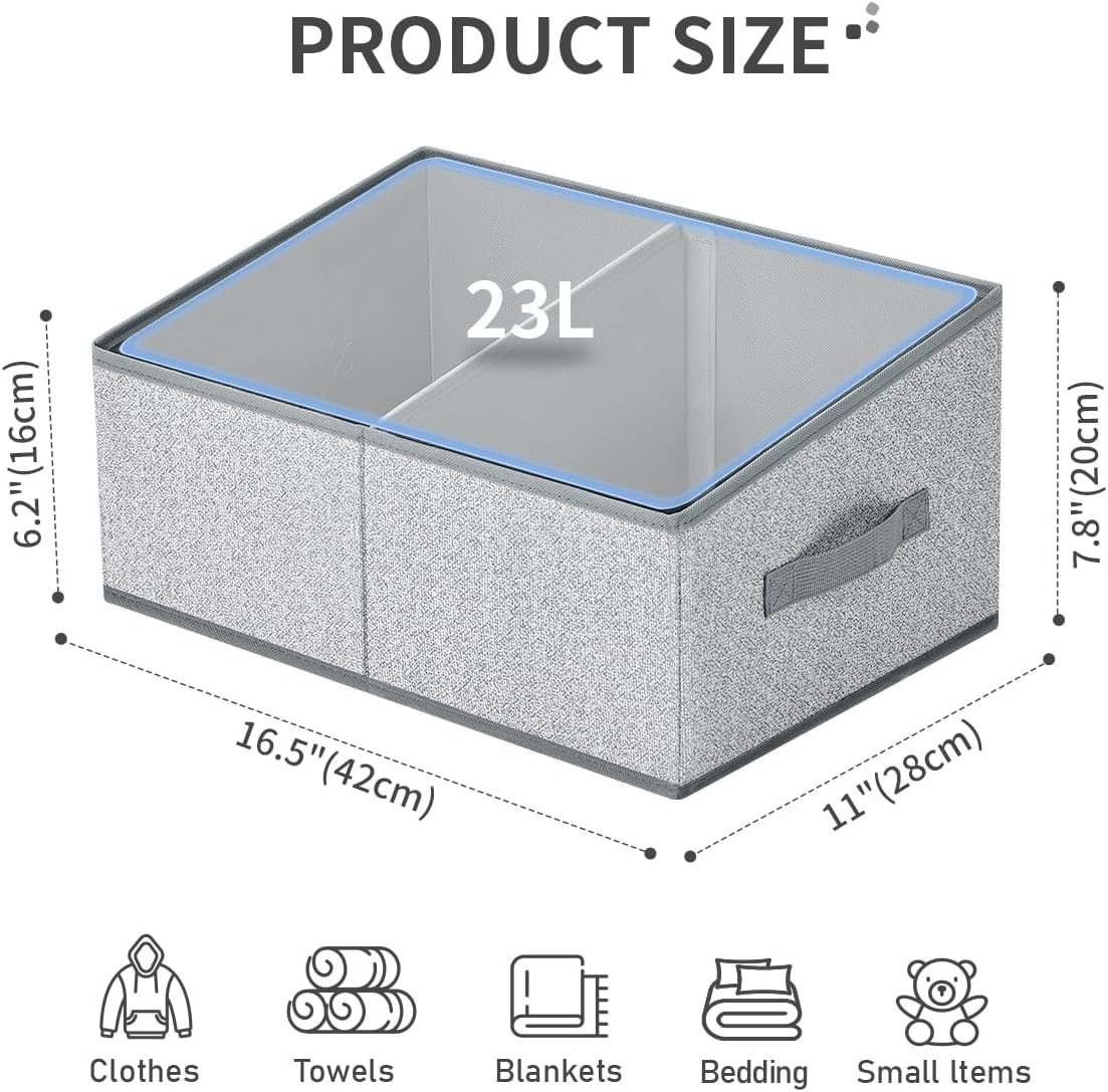 DIMJ Large Closet Shelf Organizer Bins 6 Packs with Handles and Divider, Fabric Trapezoid Storage Baskets, Foldable Clothes Containers Box for Shelf, Towel, Book, Toy, Purse, Hats, Grey