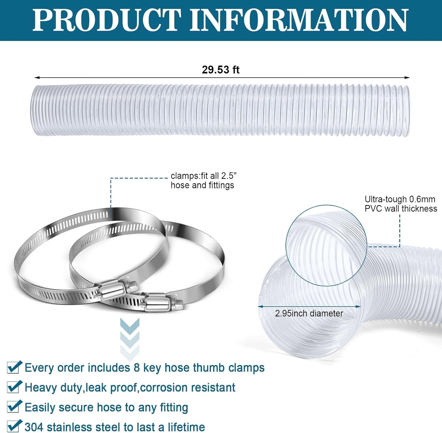 3 Inches 30 ft PVC Dust Collection Hose with Stainless Steel Hose Clamps Set Flexible Clear Vacuum Hose Puncture Resistant Fume Hose for Vacuums Cleaner Fume Dust Collection System (White)