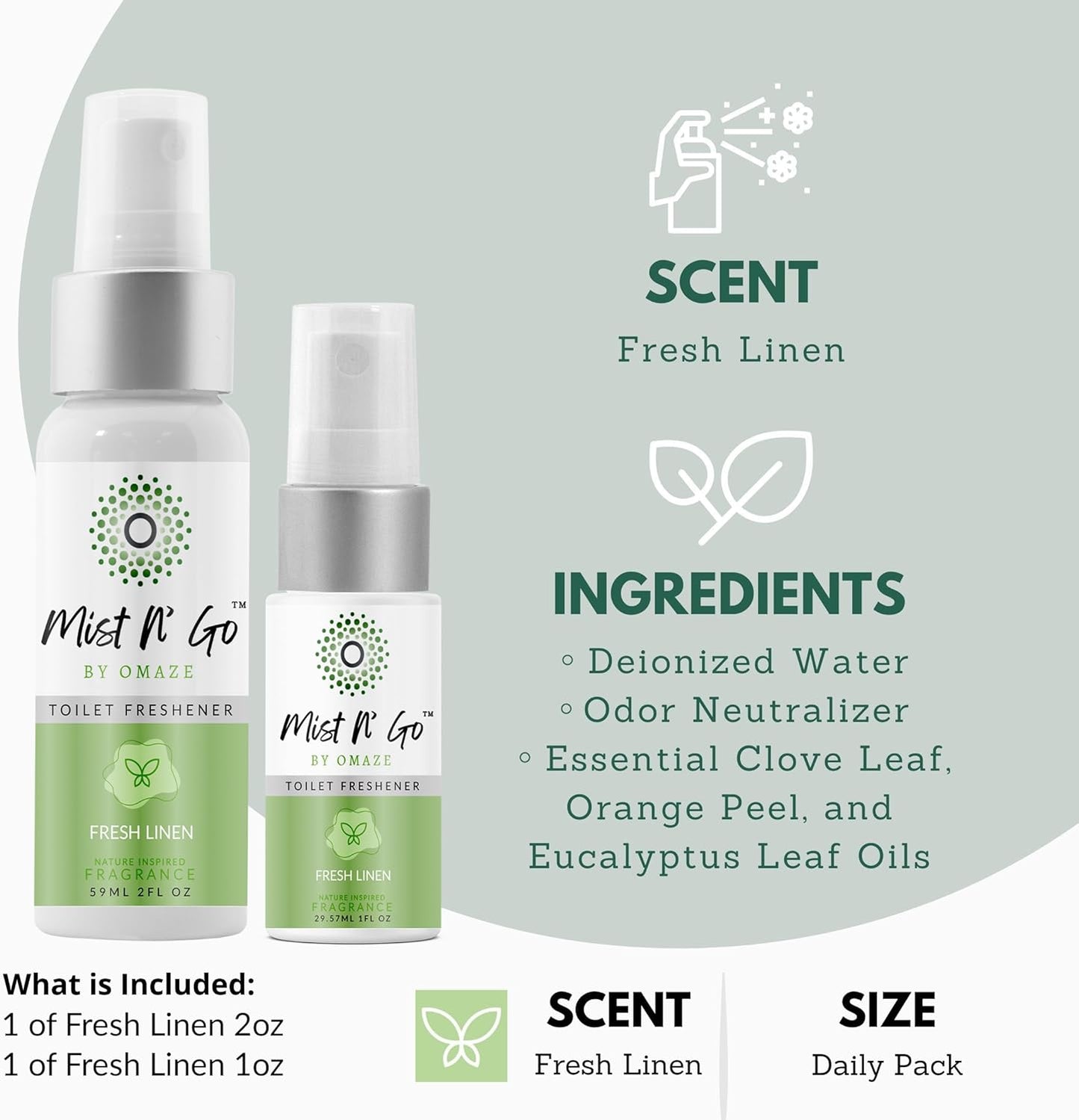 Mist N' Go Omaze Travel Toilet Spray Odor Eliminator - Fresh Linen Daily Pack (2oz + 1oz)