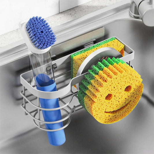 Cisily Grey Smiley Sponge Holder for Kitchen Sink Caddy, Stainless Steel Brush Holder Dish Cloth Hanger, Suction Cup Sink Organizer Scrubber