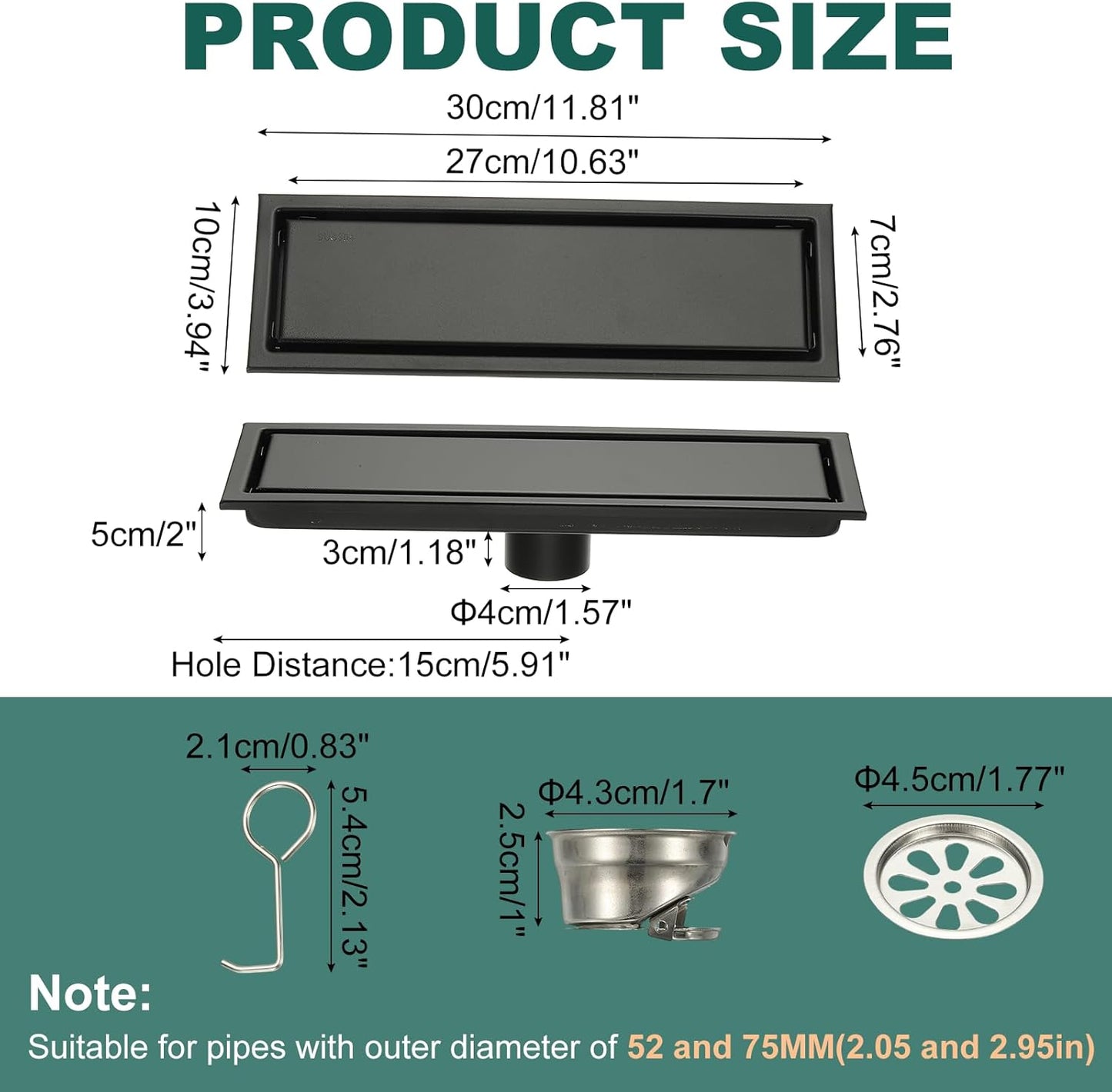 uxcell Rectangular Shower Drain, Brushed 304 Stainless Steel Odor-Proof Floor Drain Linear Shower Drain Hair Catcher for Bathroom Kitchen and Laundry Room(12 Inch, Black)