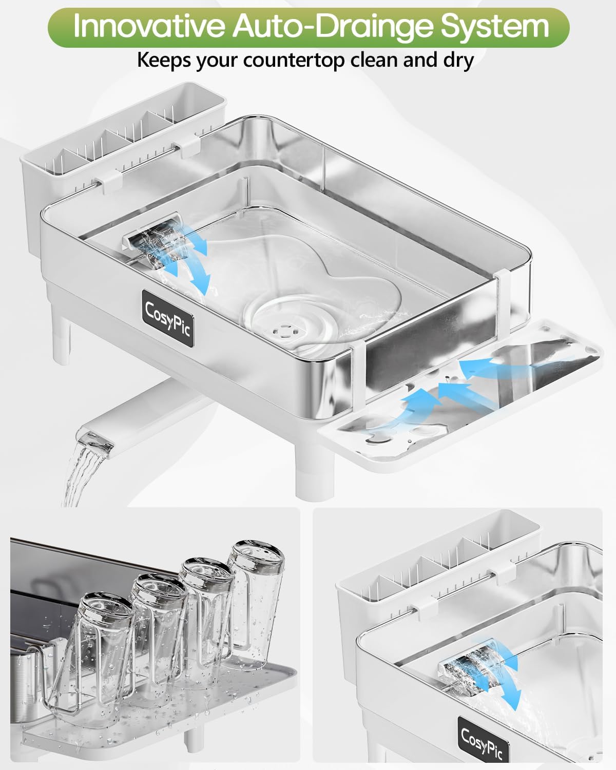 Dish Racks, Thicker Premium 304 Stainless Steel Dish Drying Rack for Kitchen Counter, Automatic Drainage Spout, Dish Drainer & Drainboard Set with Utensil Holder and Cup Holder, White