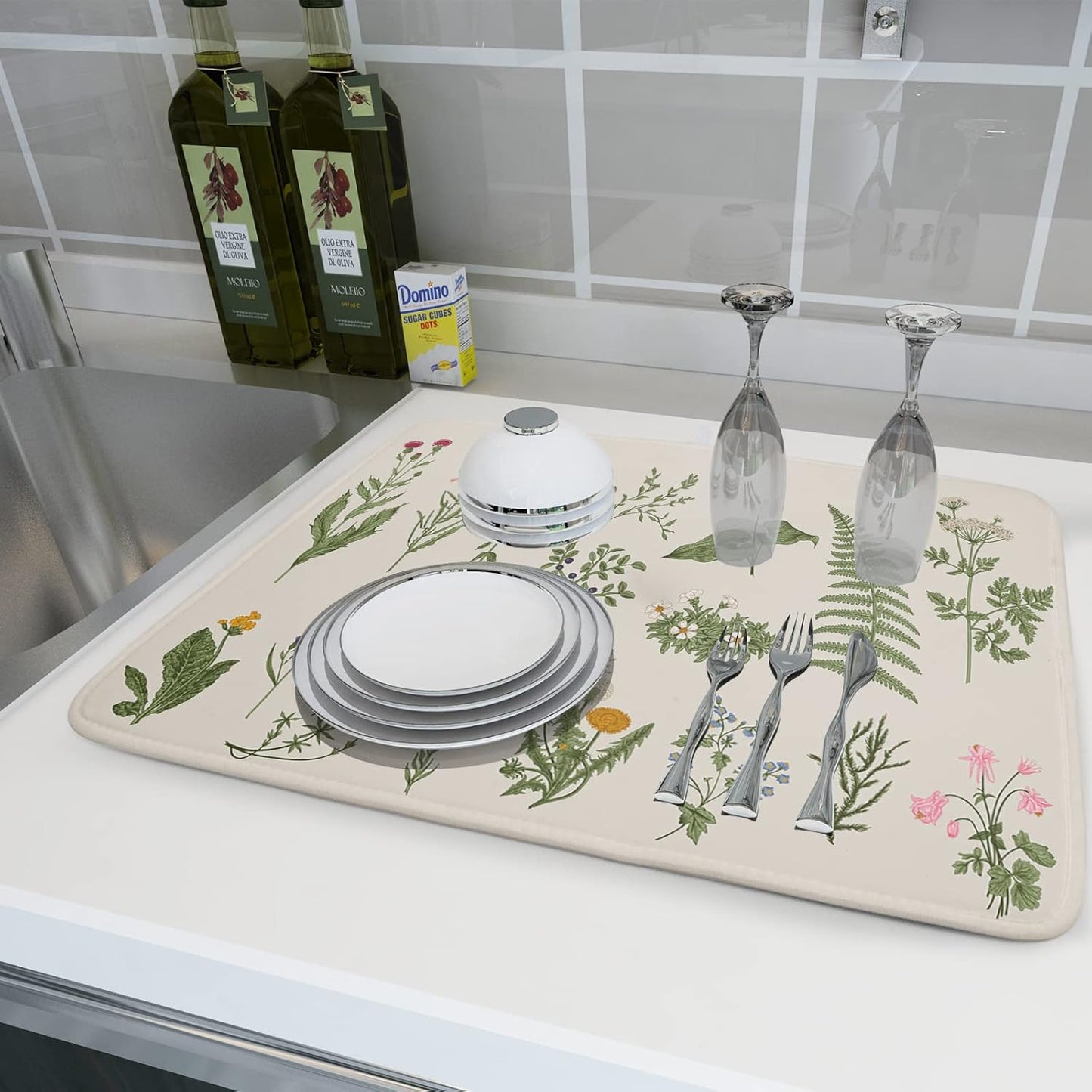 Sage Herb Dish Drying Mat For Kitchen Counter 18x24 In Leaves Microfiber Absorbent Dishes Pad Wild Plant Drying Mat Floral Drying Pad Green Decor Dish Drainer Rack Mats For Coffee Bar Mats