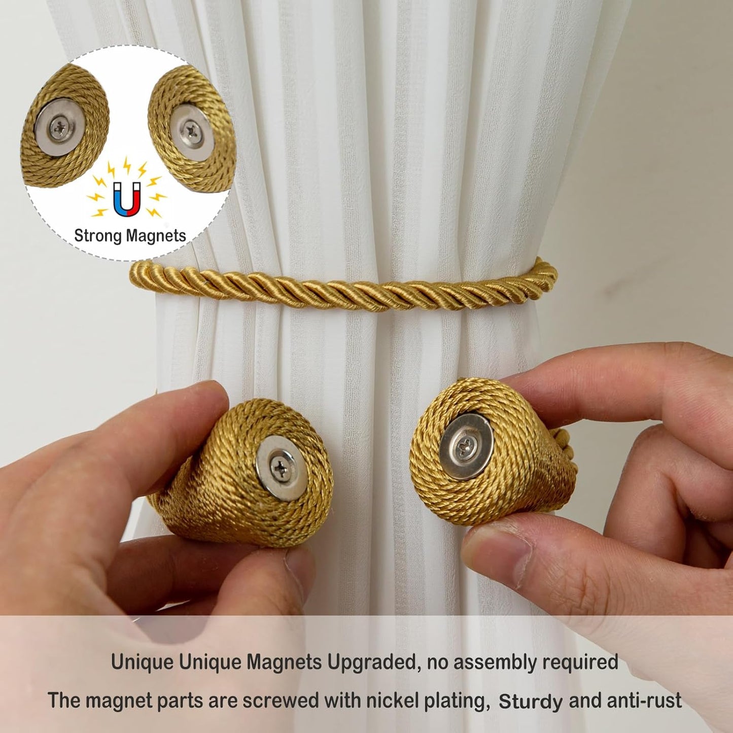 Magnetic Curtain Tiebacks 2 Pack Outdoor Rope Curtain Tie Backs Decorative Window Treatment Holdbacks for Home Decorative Curtain, Gold