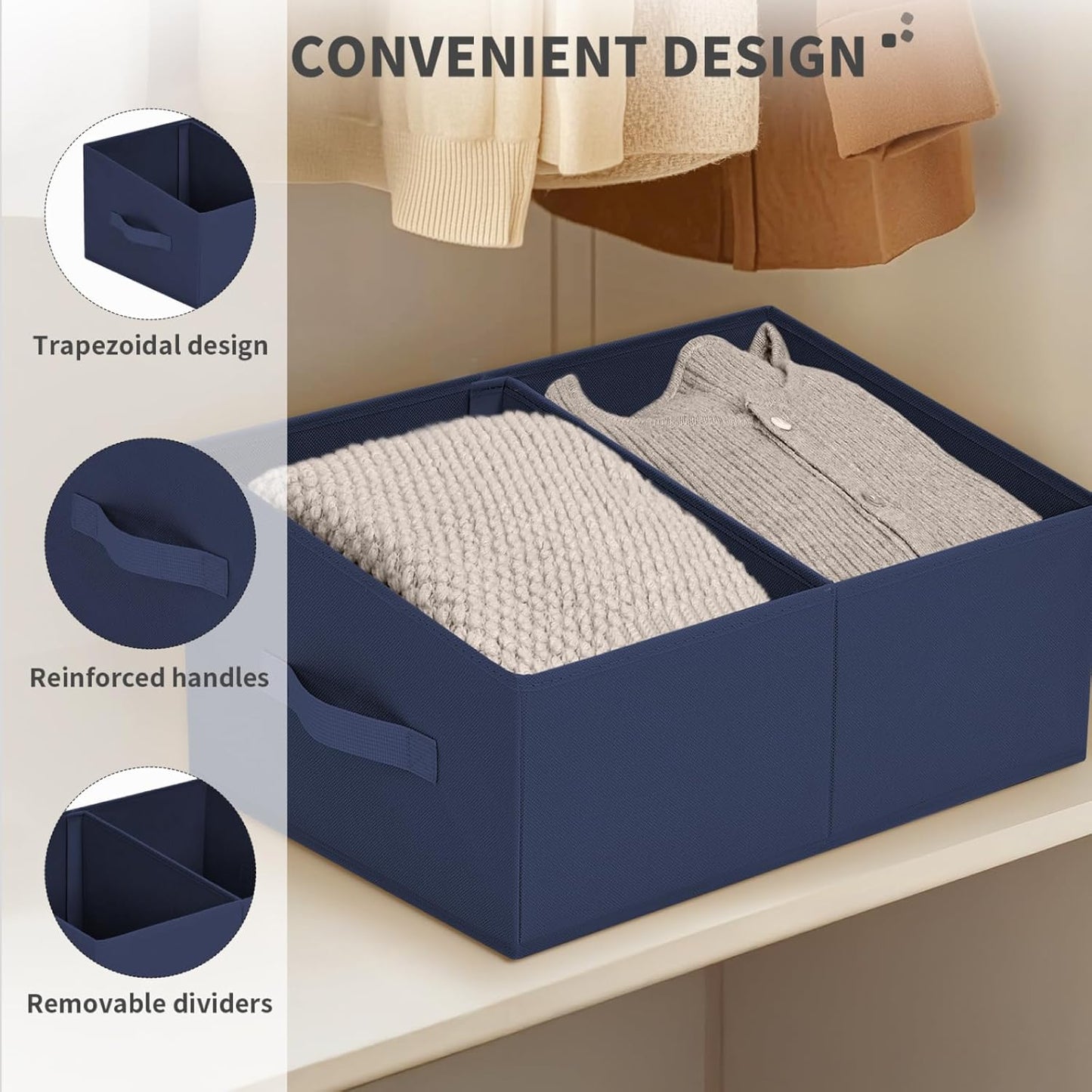 DIMJ Large Closet Shelf Organizer Bins 8Packs with Handles and Divider, Fabric Trapezoid Storage Baskets, Foldable Clothes Containers Box for Shelf, Towel, Book, Toy, Purse, Hats, Navy Blue