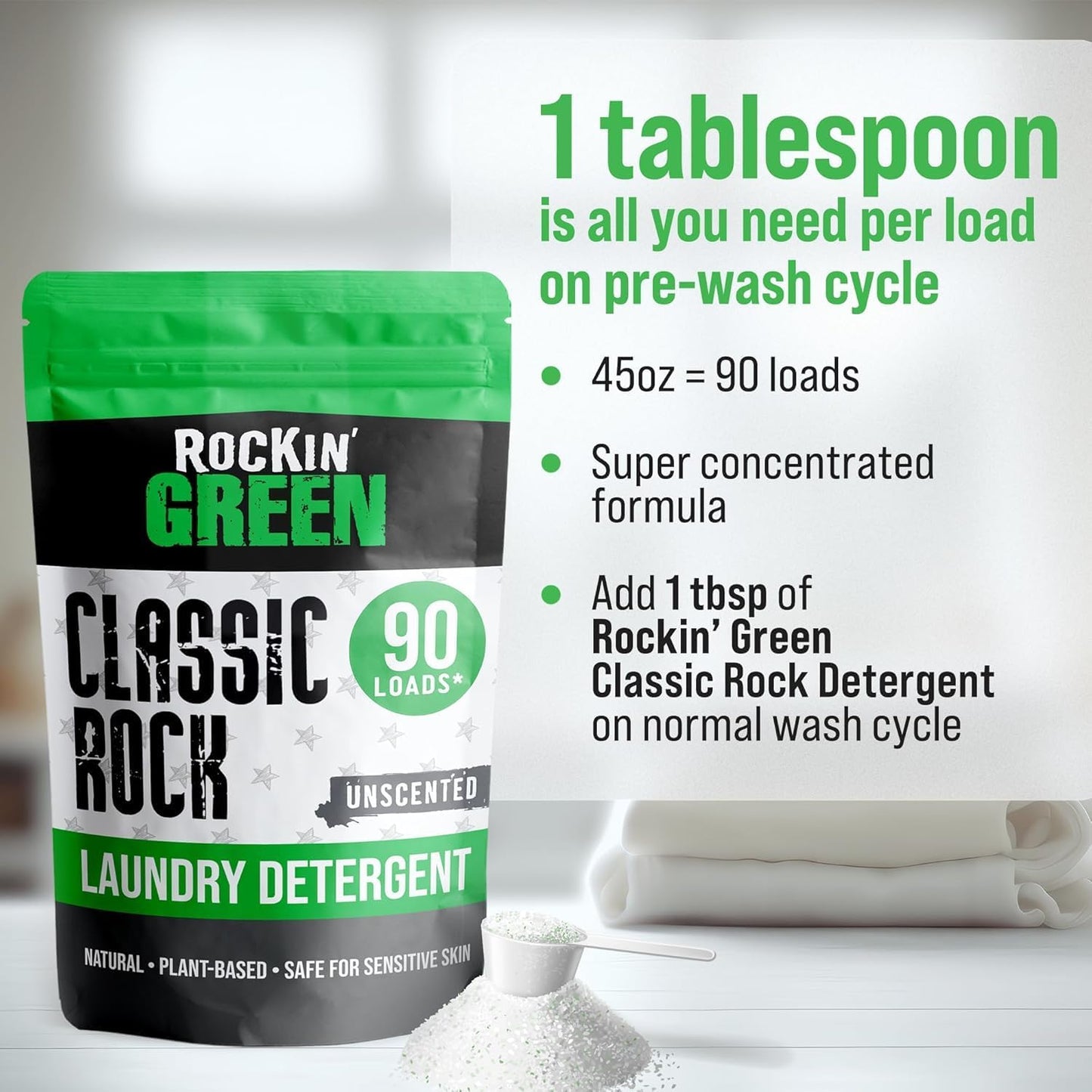 Rockin' Green Classic Rock Laundry Detergent Powder (90 Loads) - All Natural Laundry Detergent - Sensitive Skin Laundry Powder (Unscented)