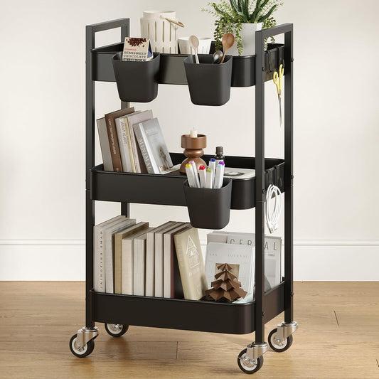 3 Tier Rolling Cart,Utility Cart with Locking Wheels, Hanging Cups & Hooks, Heavy Duty Metal Storage Organizer Cart for Kitchen,Office, Bathroom,Craft Room,Black