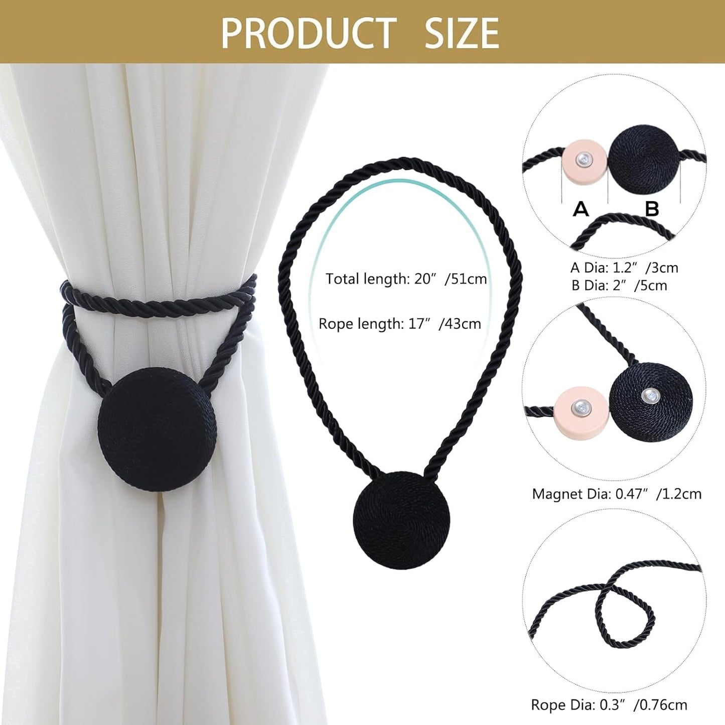 Magnetic Curtain Tiebacks - 12mm Magnetic Tie Backs for Curtains, Heavy Duty No Drill Curtain Holdbacks for Home/Office Windows Drapes, Elegant Gift-Ready Design 7 Colors (2, Black)