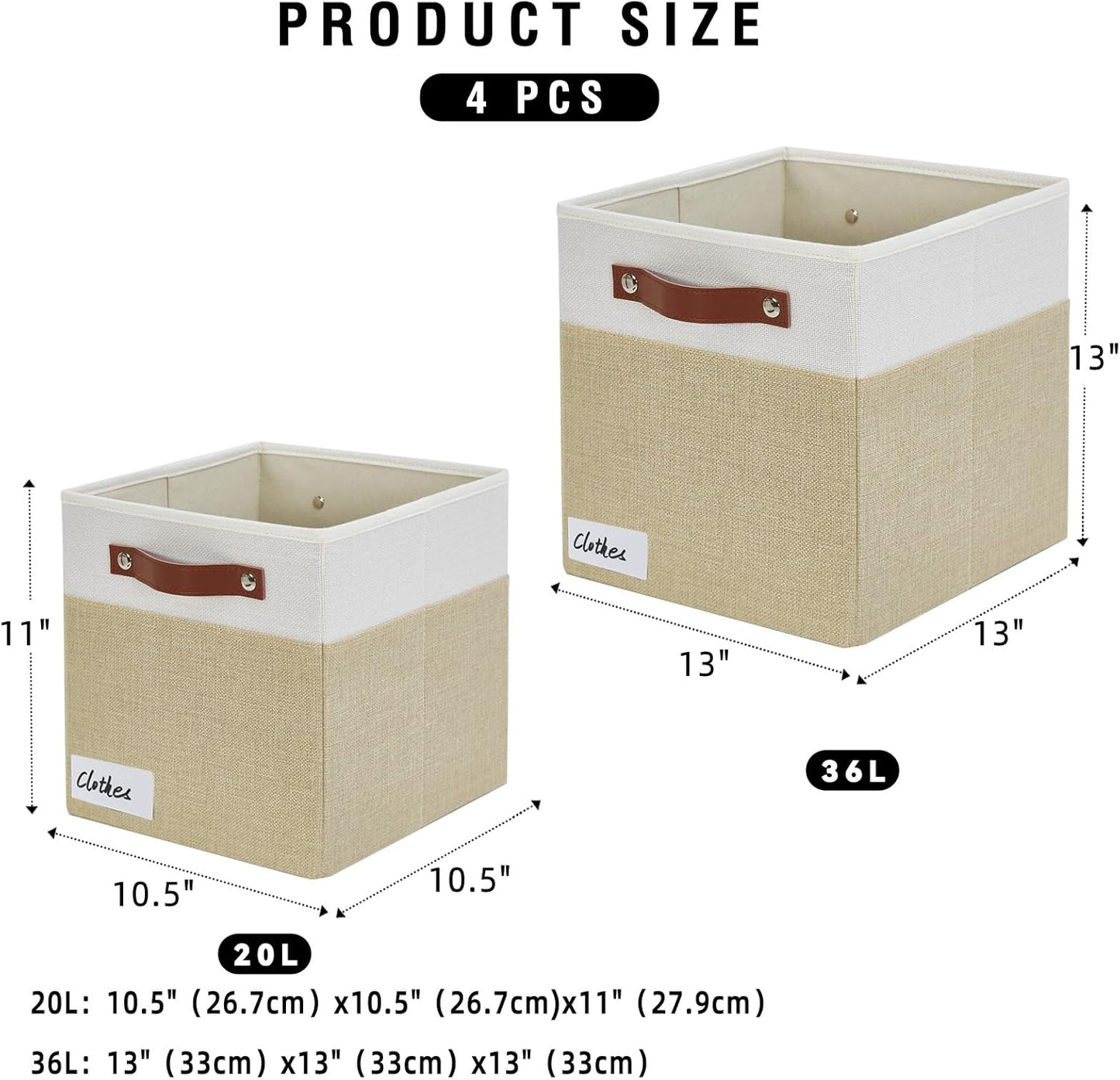 Collapsible Fabric Storage Cube Bins with 2 Reinforced PU Handles, Foldable Storage Organizer Baskets for Closet, Shelves, Living Room | 11"x11"x11", 4 Pack, Beige & White