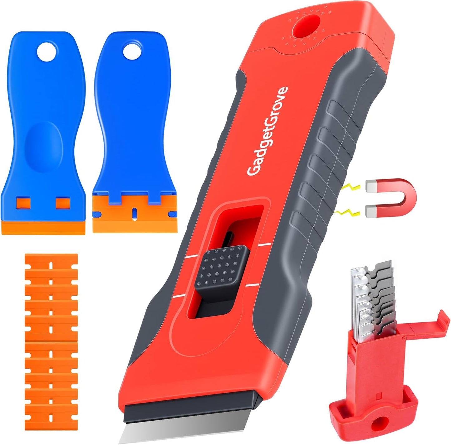 Razor Blade Scraper with 2 Pcs Plastic Scraper, Scraper Tool for Cooktop, Oven, Stove, Labels Decal, Plastic Blades for Clean Glass Window, Scraper Buit-In Blade torage, Upgraded Lock Mechanism,Gray