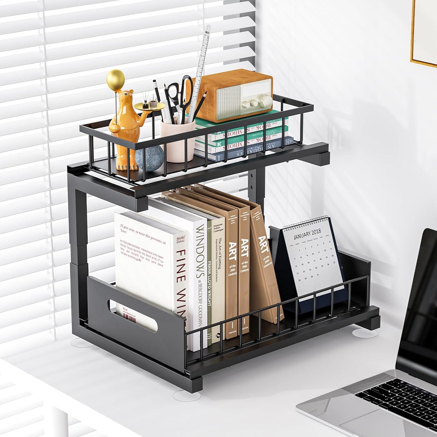 Under Sink Organizer Storage 2-Tier Heavy Duty Metal Pull Out Cabinet Organizer Slide Out Sink Shelf Organizer Height Adjustable, Multi-Purpose Storage Shelf for Kitchen Bathroom (Black, 1 Pack)