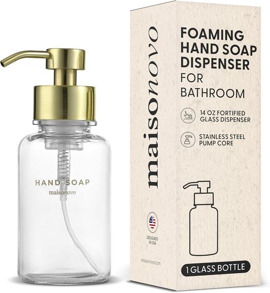 MaisoNovo Glass Foaming Hand Soap Dispenser 14 Oz | Gold Foaming Soap Dispenser Clear Bottle Gold Pump x 1 w/Labels