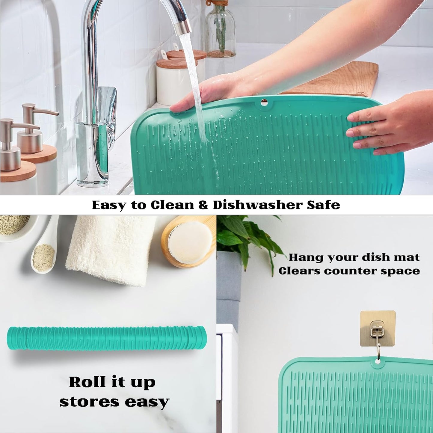 ZLR Silicone Dish Drying Mat for Kitchen Counter, Eco-Friendly Fast Dry Dish Mat, Easy Clean Multi Usage Drying Matt, Heat Resistant Trivet, 16" x 18" XL, Mint Green