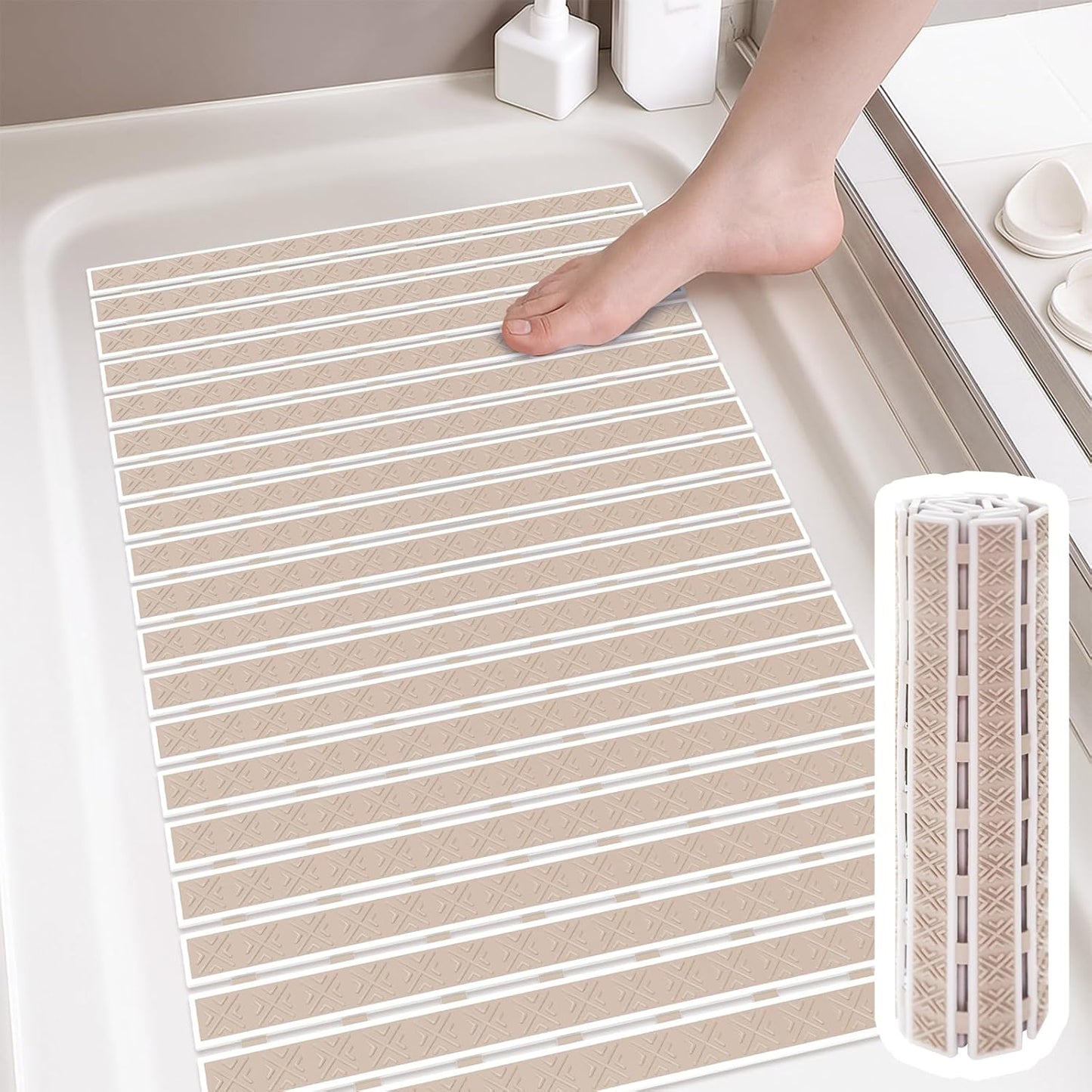 Matace Non Slip Rubber Bathtub & Shower Mat with Suction Cups, Thick Textured Surface, Fast Drain and Upright Drying Design, No Pooling Water for Better Hygiene, 27 x 16 Inch, Beige