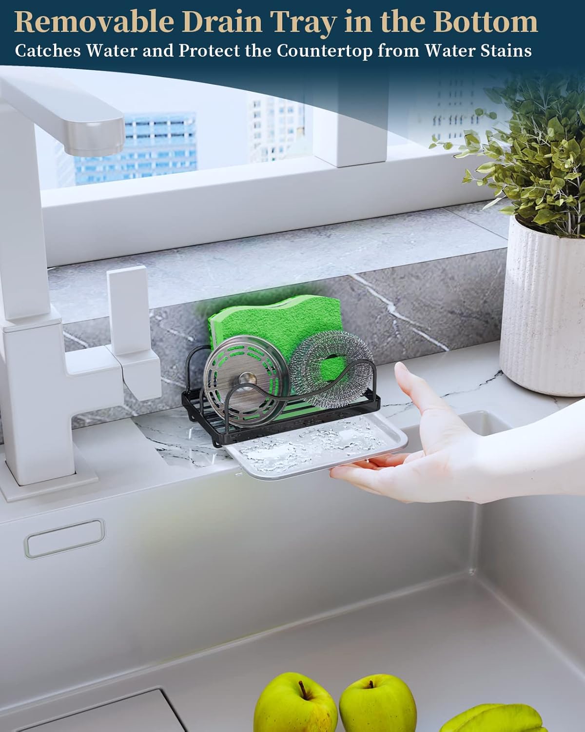 Consumest Sponge Holder for Kitchen Sink - Movable Sink Caddy for Countertop Organizer, 304 Stainless Steel Sponge Holder with Detachable Drip Tray for Kitchen Accessories-Black