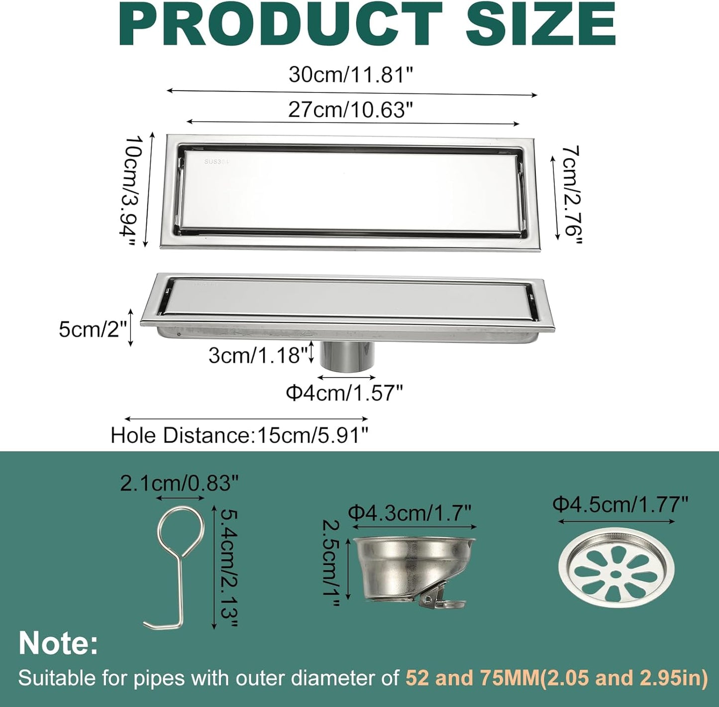 uxcell Rectangular Shower Drain, Brushed 304 Stainless Steel Odor-Proof Floor Drain Linear Shower Drain Hair Catcher for Bathroom Kitchen and Laundry Room(12 Inch, Bright Silver)