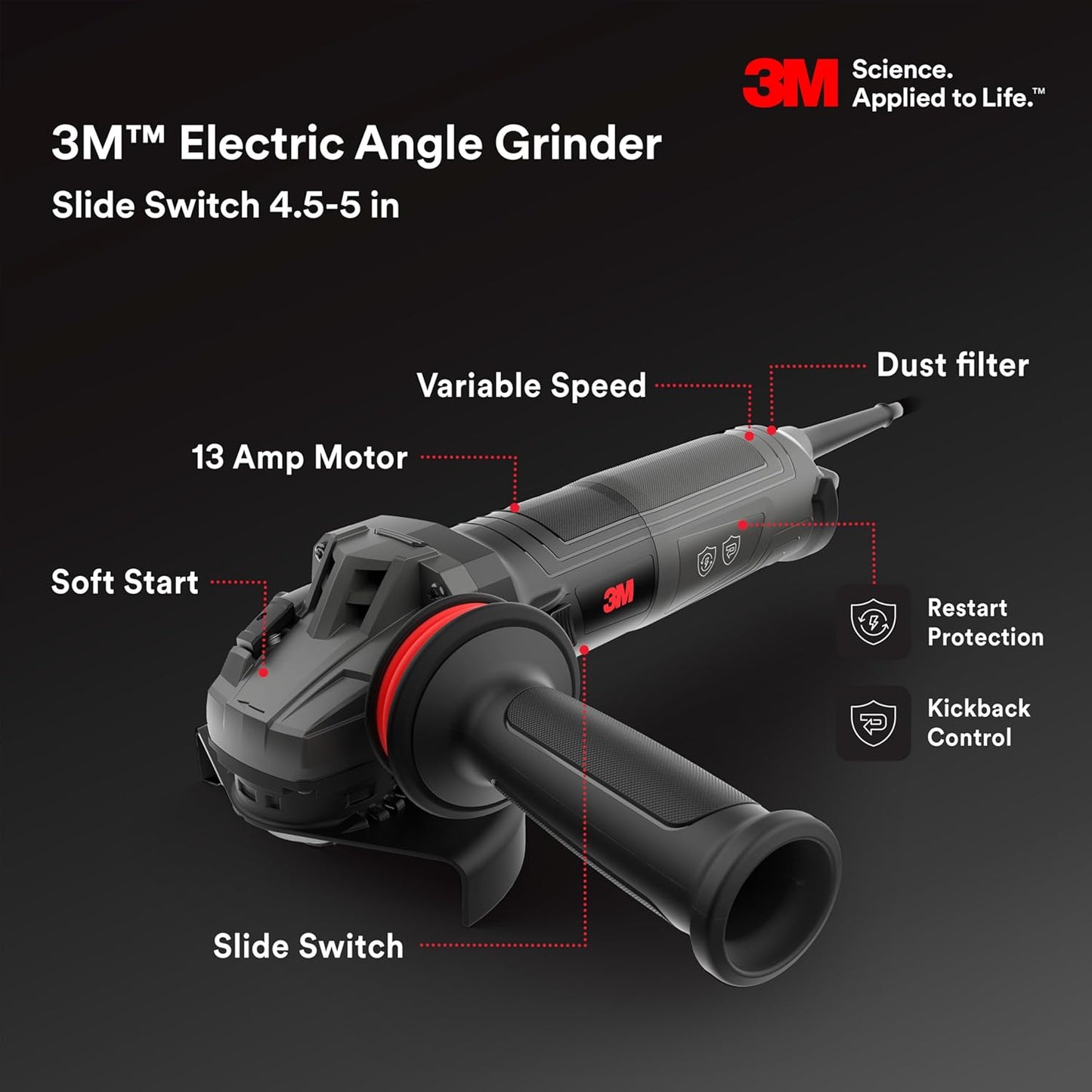3M Electric Angle Grinder, 11129, VS, 4.5-5 in Paddle Switch, 13-Amp, 120V, for Cutting, Grinding, Polishing and Rust Removal,1 EA