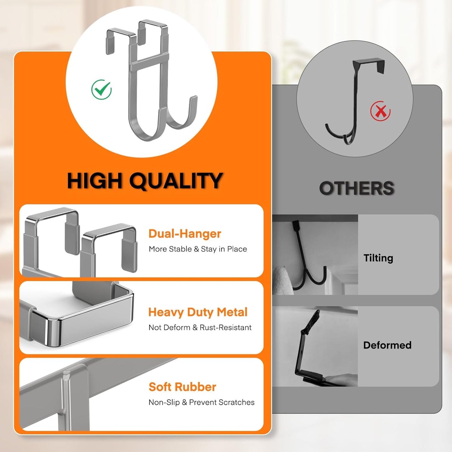 FYY Over The Door Hooks - 4 Pack Heavy Duty Dual-Hook Organizer Hanger with Non-Slip Rubber for Towels, Clothes, Hats & Bags Use in Bathroom, Bedroom, Kitchen - Fits Interior Doors Up to 1 3/8" Grey