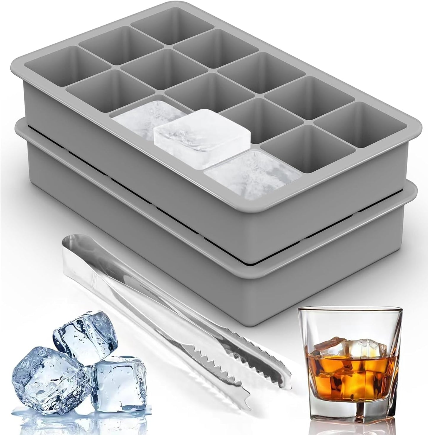 Silicone Ice Cube Trays for Freezer 2 Pack- Easy Release Square Ice Cubes Mold- Best Rubber Ice Cube Tray Shapes for Whiskey Cocktail Coffee- Mini Fridge Silicone Old Fashioned Ice Cube Tray