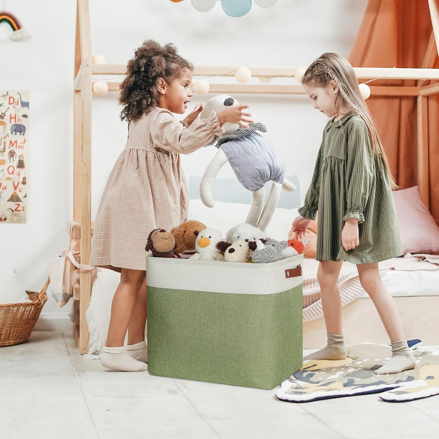 DULLEMELO Extra Large Storage Baskets, 17"x12"x15" Fabric Storage Bins for Organizing Shelves Nursery Toys Books, Collapsible Storage Baskets Rectangular Canvas Bins with Handles, White&Green, 2-Pack