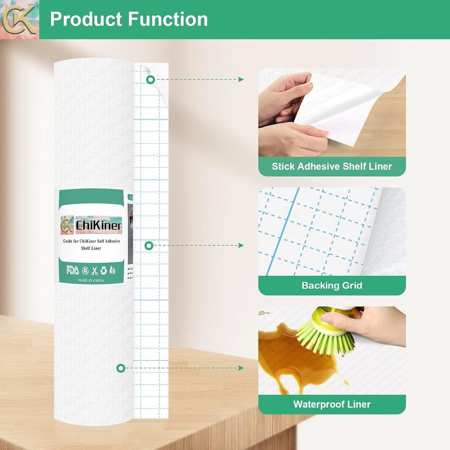 Self-Adhesive Shelf Liner Kitchen Liner, Waterproof Backed Paper Easy Peel and Stick Contact Liner Without Residue for Decor Your Desk Surface, Kitchen Countertops (White, 17.5 x 118.1 inches)