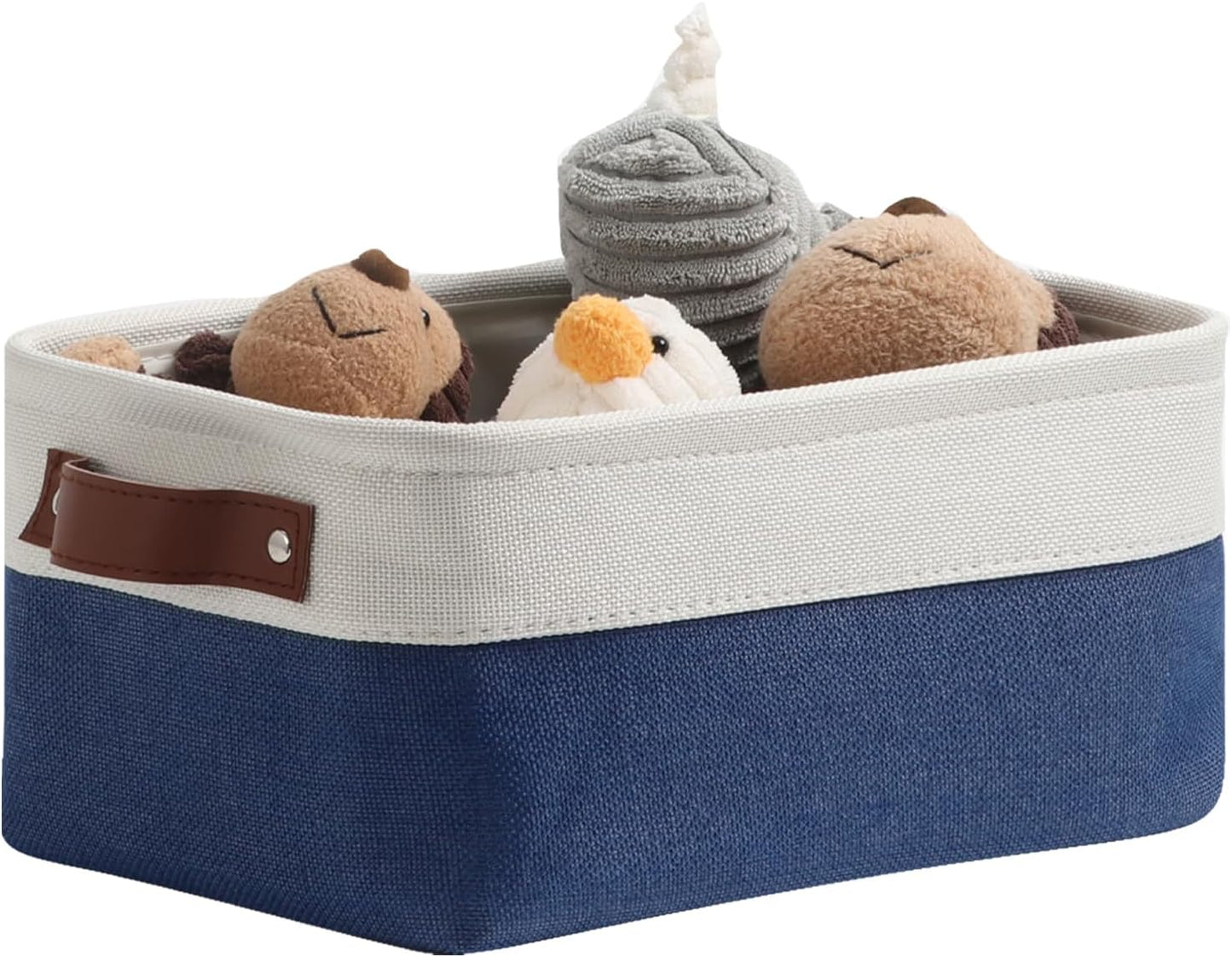 DULLEMELO Small Storage Bin,Small Fabric Rectangular Storage Basket for Shelves,Collapsible Bin for Toy and Clothes Storage (White&Blue,1 Pack)
