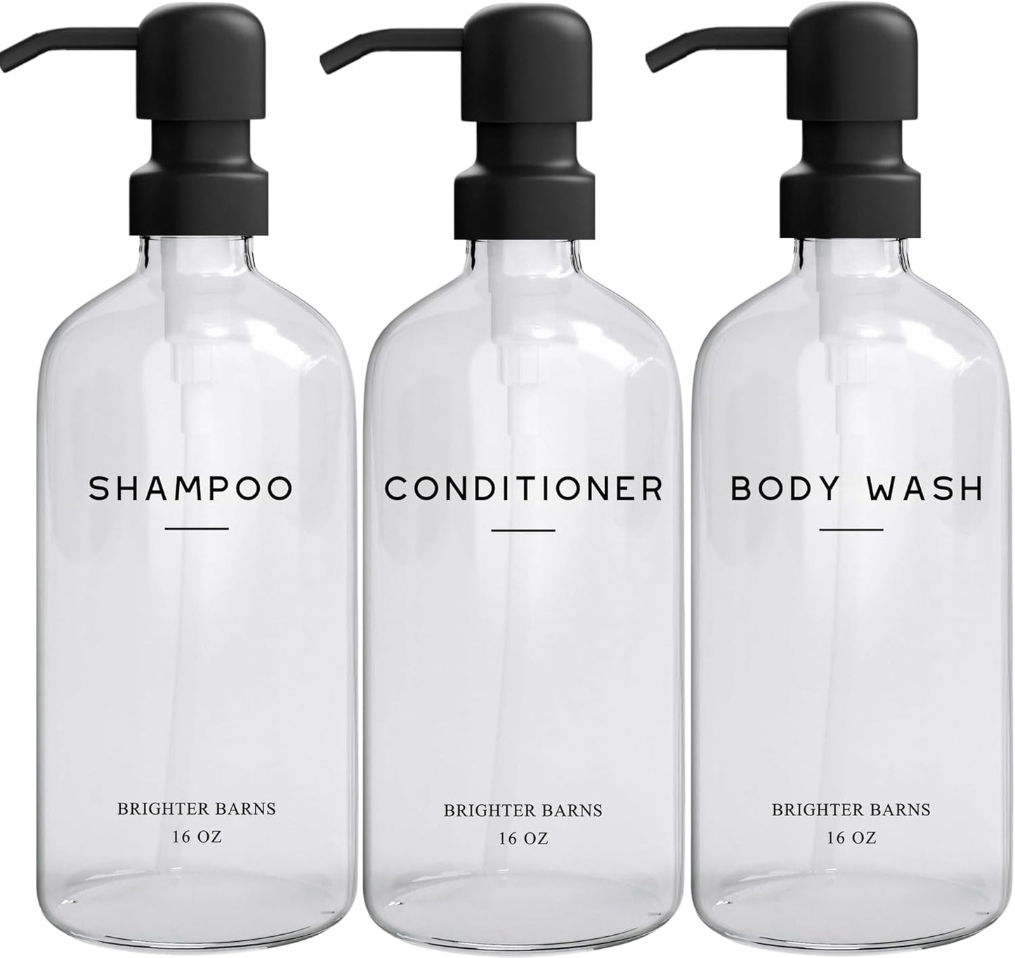 Clear Shampoo and Conditioner Dispenser Set by Brighter Barns - Body Wash, Shampoo Dispenser for Shower with Pump - Refillable Plastic Shower Bottles for Bathroom Decor in Home, Airbnb, Hotel (Clear)