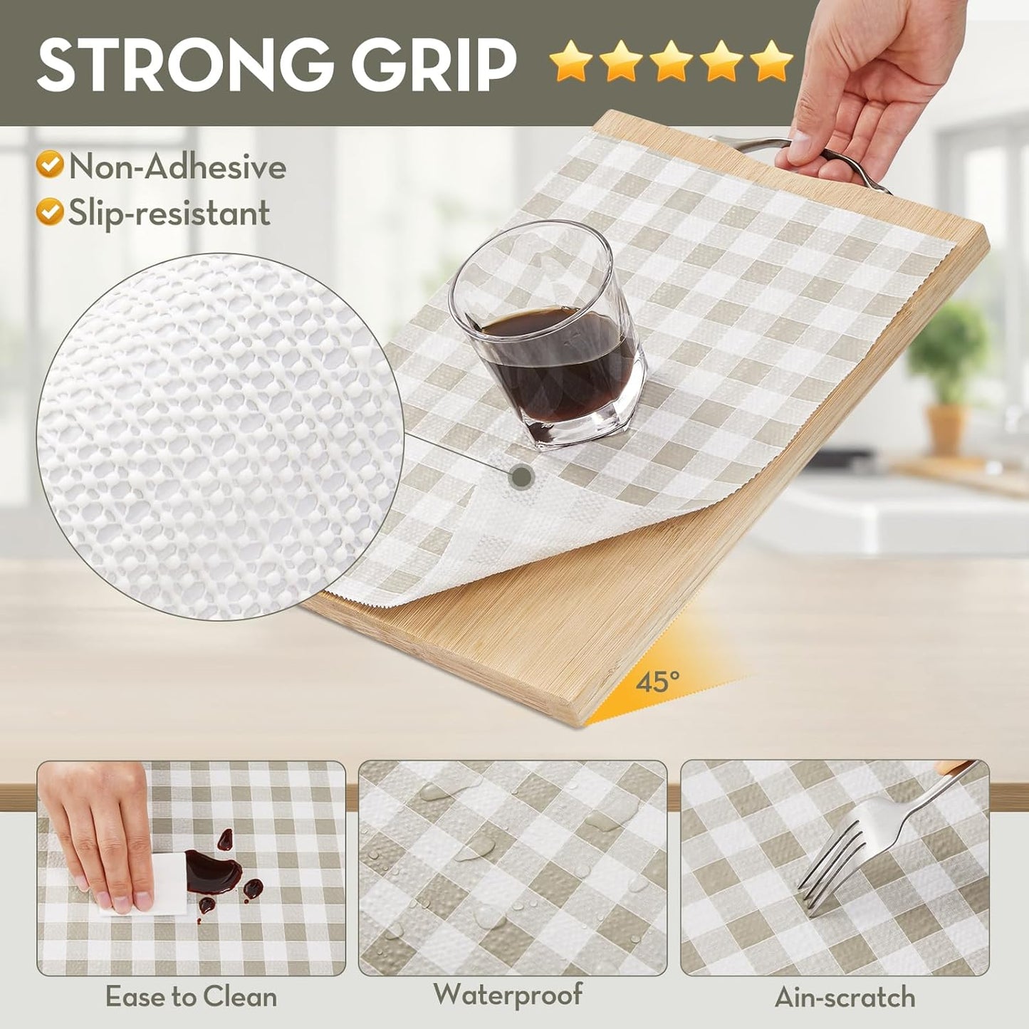 Drawer and Shelf Liner for Kitchen Cabinet Liner Non-Adhesive Non-Slip Shelf Thick Strong Grip Waterproof Contact Paper Easy to Clean for Shelves, Cupboard, Desks,Green Plaid,12IN X 10FT