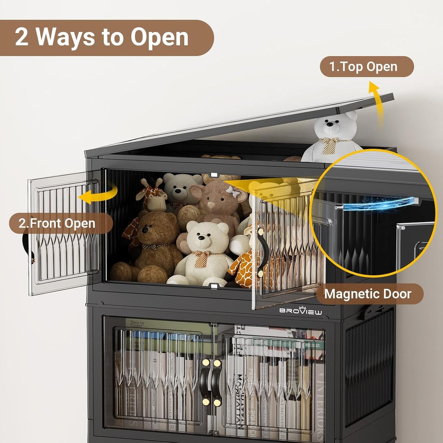 BROVIEW 400Qt Stackable Storage Bins with Lid, Extra Large Closet Organizer Collapsible Drawer Boxes with Wheels, Folding Plastic Cabinet Containers for Home Kitchen Room Organization, 5Pack Black