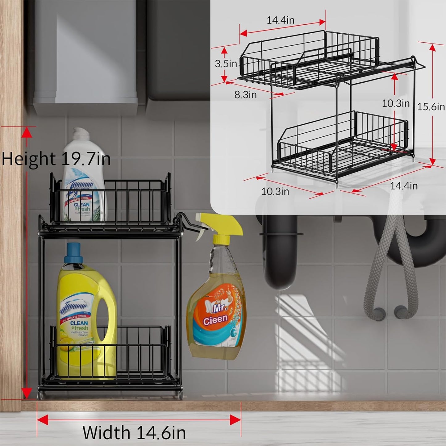 SUEH DESIGN Under Sink Organizers and Storage, 2 Tier Metal Under Sink Storage with Hanging Rail for Kitchen Bathroom Cabinet Organizer, 2 Pack