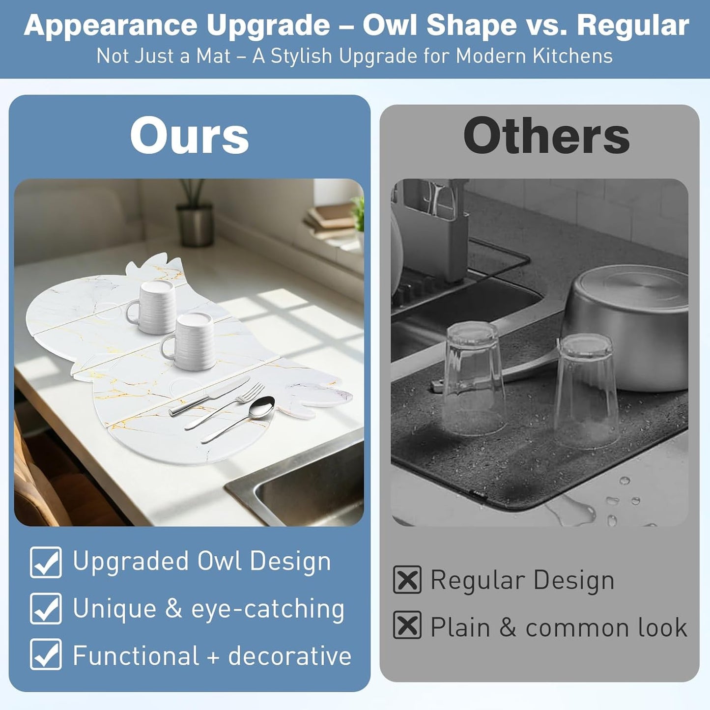 Large Stone Dish Drying Mat for Kitchen Counter,24"(L)×16"(W) Quick Dry Absorbent Diatomaceous Earth Dish Drying Mats,Owl Shape Design Drying Pads for Cups Dishes Bottles (White)