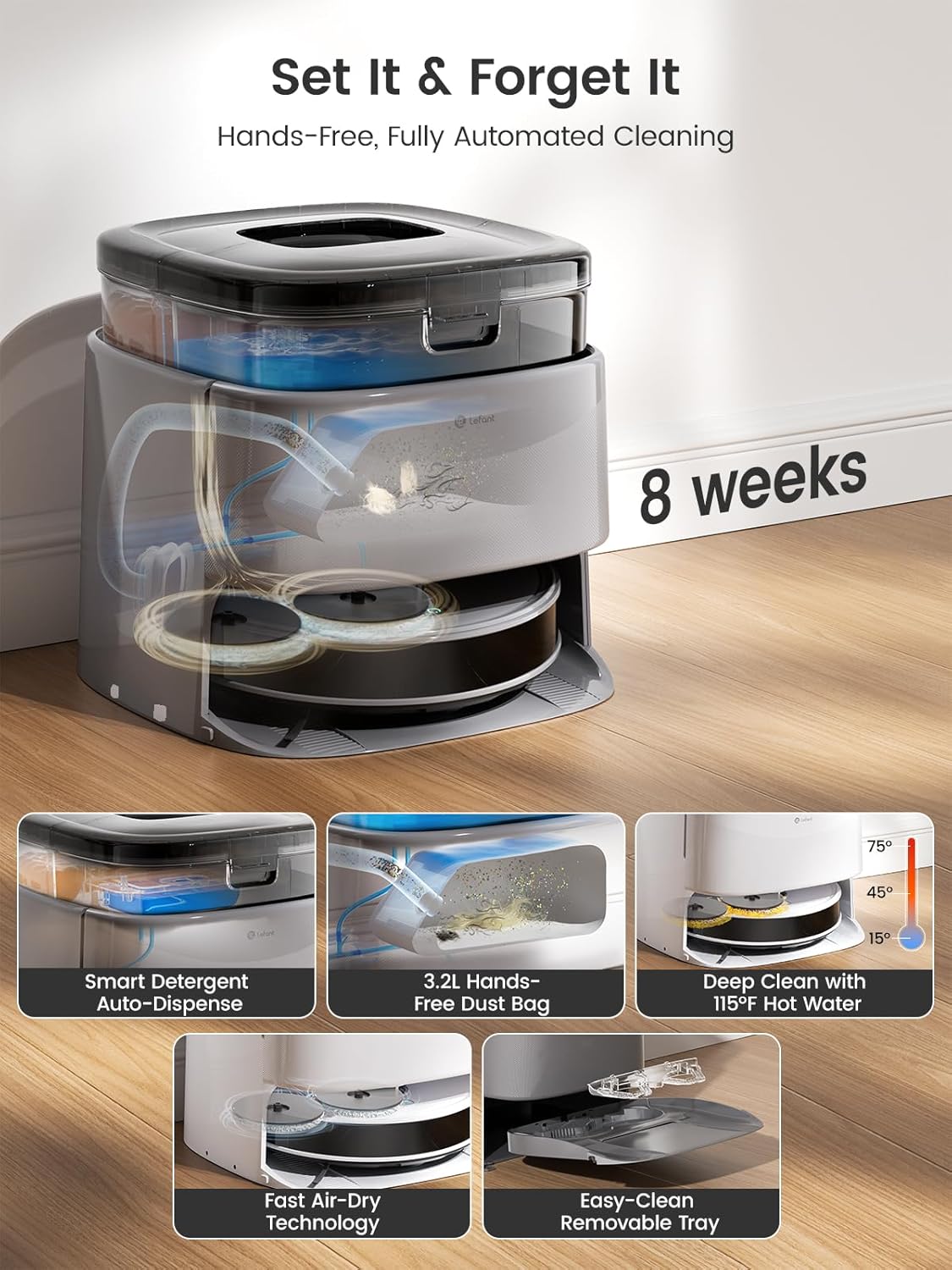 Lefant M3 Max Robot Vacuum, Auto Mop Washing, 20000Pa Suction, Self-Emptying & Refilling, 9mm Mop Lifting, 200RPM Spinning Mops, Smart Obstacle Avoidance, Gray