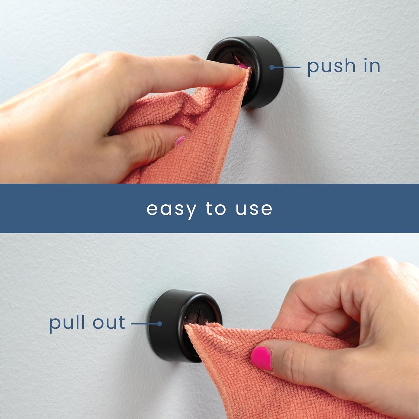 S&T INC. Round Adhesive Push Towel Hooks for Kitchen, Hand and Dish Towels, Matte Black, 4 Pack