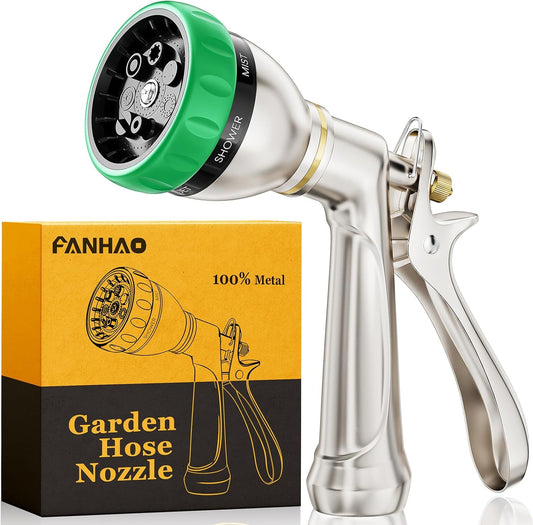 FANHAO Heavy Duty Garden Hose Nozzle, 100% Metal Water Hose Sprayer with 7 Spray Patterns, Ergonomic Rear Trigger, High Pressure Water Nozzle Sprayer for Watering Plants, Washing Car and Pet