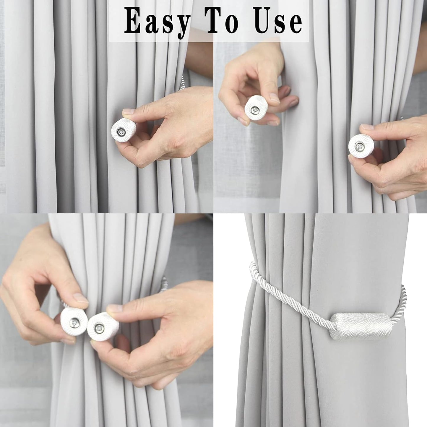 4 Pack White Strong Magnetic Curtain Tiebacks Outdoor Elegant Decorative Tie Backs Modern Rope Tiebacks for Drapes Window Curtain Holdbacks for Draperies