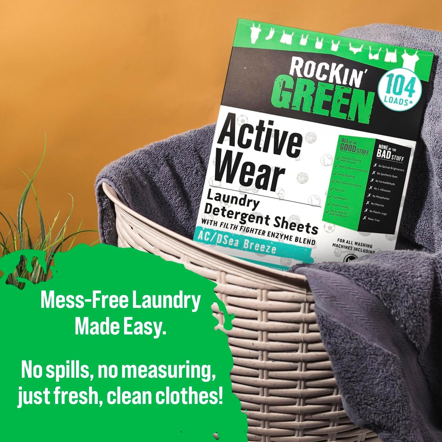 Rockin' Green Active Wear Travel Laundry Detergent Sheets - Mess-Free Laundry Sheet Detergent with Sodium Bicarbonate - Easily Dissolvable Laundry Soap Sheets (104 Loads, AC/DSea Breeze)