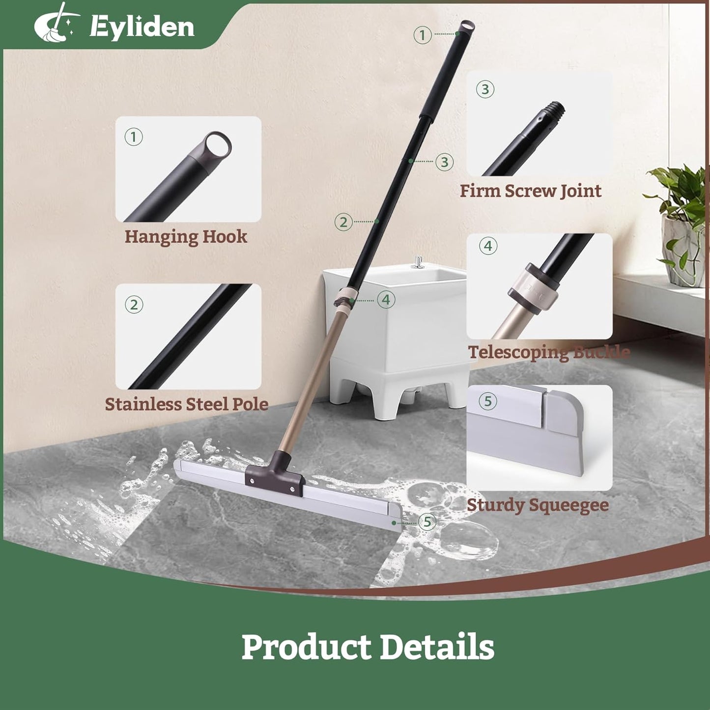 Eyliden Rubber Floor Squeegee, Quick Water & Foam Removal Broom | Heavy-Duty, Dual-Action Push & Scrape, Squeegee for Shower Glass Concrete Garage Commercial Epoxy Floors