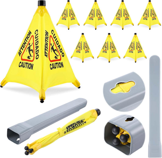 8-Packs Wet Floor Signs 20 Inch, Pop UP Bilingual Yellow Caution Wet Floor Sign with Wall Mounted Storage Tube Foldable, Slip Carefully Safety Cone Signs Pop up Caution Commercial Sign